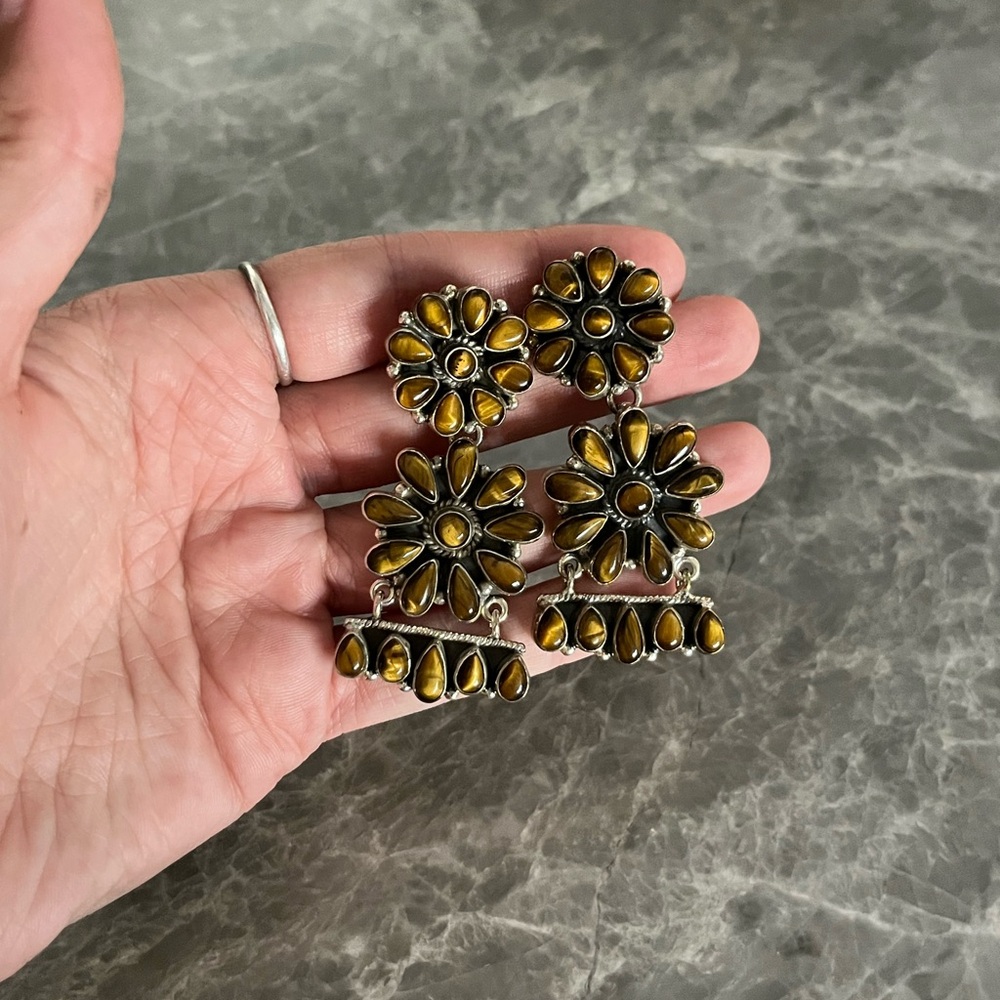 Tigers Eye and Sterling Silver Drop Post Earrings - Picture 3 of 3